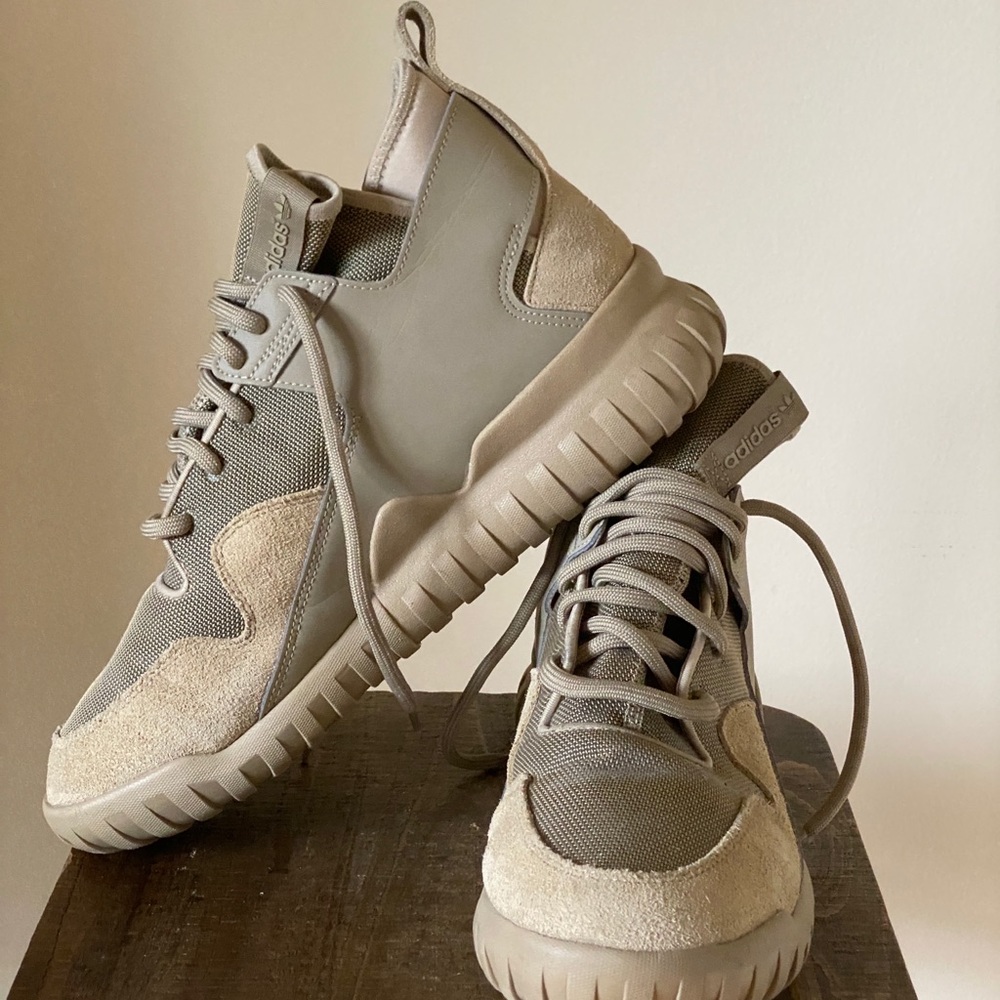 Men’s Adidas Tubular in hemp brown.